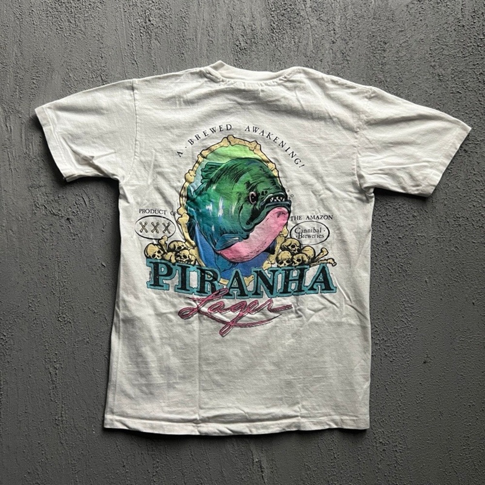 Vintage Piranha Lager Beer Shirt Medium White 1980s USA‎